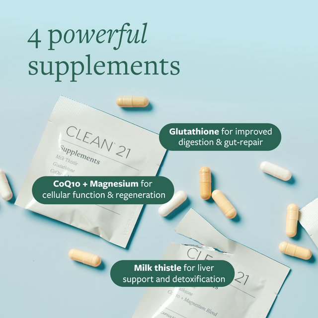 Clean 21 capsules and packets on a blue background with white text: "4 powerful supplements: Glutathione, CoQ10+Magnesium, Milk thistle"