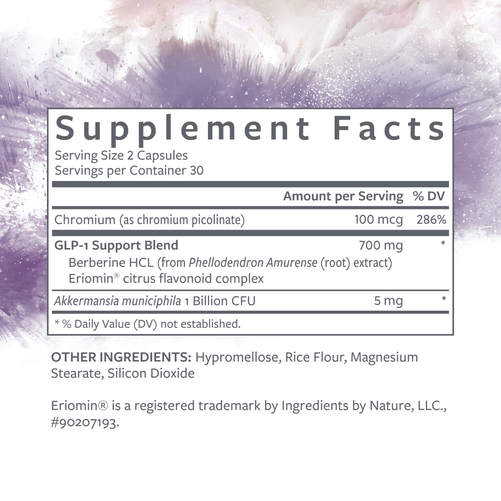 Supplement facts label with ingredients on a textured background