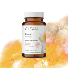 Bottle of CLEAN Biome Probiotic on a white background with abstract orange and yellow design.