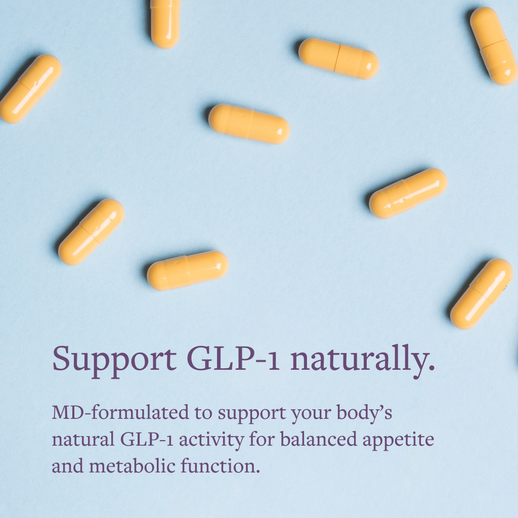 Yellow capsules on a light blue background with text about supporting GLP-1 naturally.