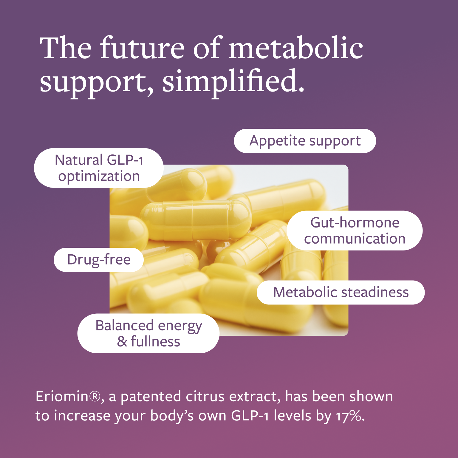 Yellow capsules with text on a purple background about metabolic support.