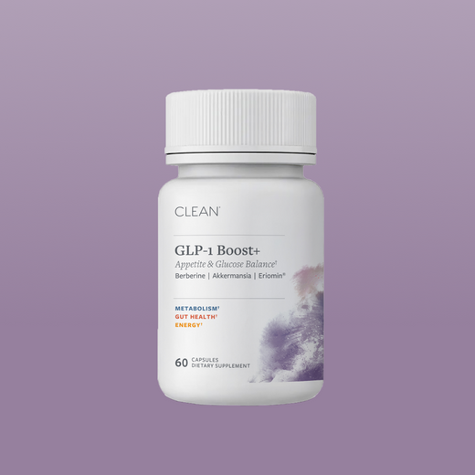 Supplement bottle labeled 'GLP-1 Boost+' on a purple background