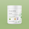 Supplement container labeled 'Clean Greens' on a green background