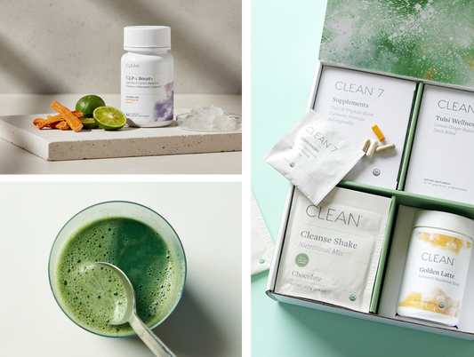 Collage of health products including a green smoothie, supplement bottle, and packaging on a light background.