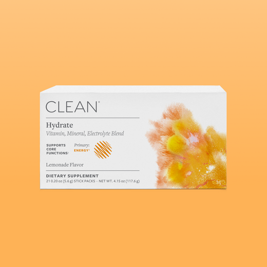 Box of CLEAN Hydrate supplement on an orange background