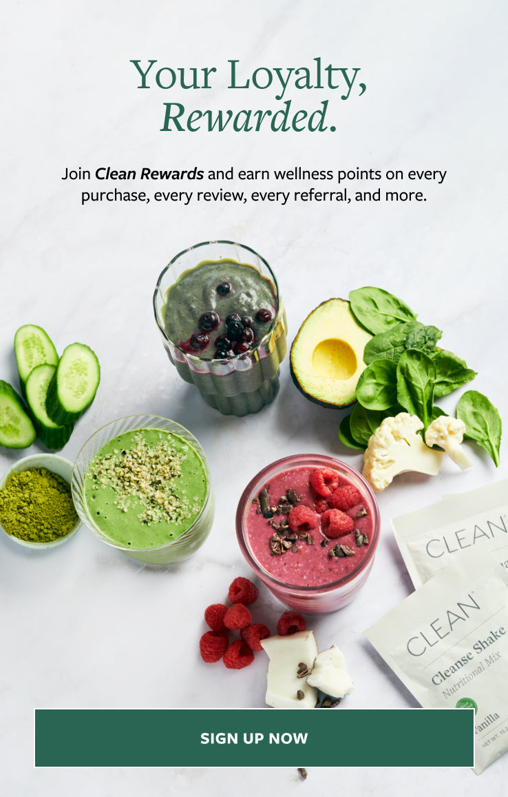 Promotional graphic for Clean Rewards with smoothies and health ingredients on a white background