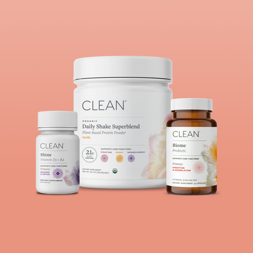 Three 'Clean' brand products on a peach background