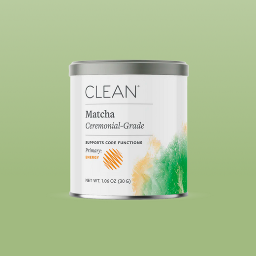 Canister of CLEAN Matcha Ceremonial-Grade on a green background