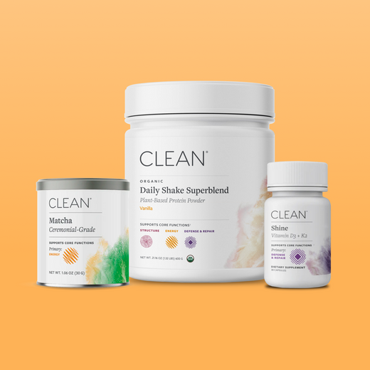 Three 'Clean' branded health products on an orange background