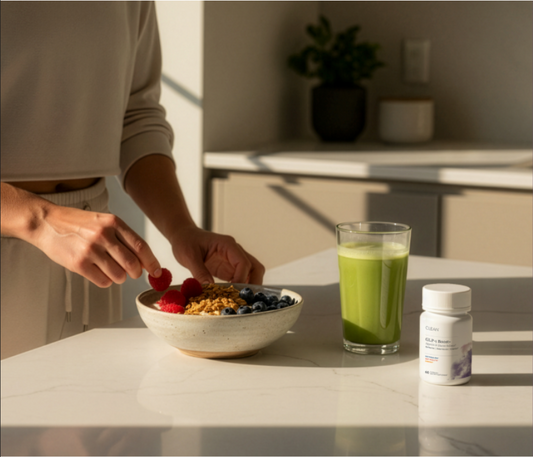 Person preparing a bowl of cereal with fruit in a kitchen, next to a glass of green juice and a bottle of GLP1 Boost+