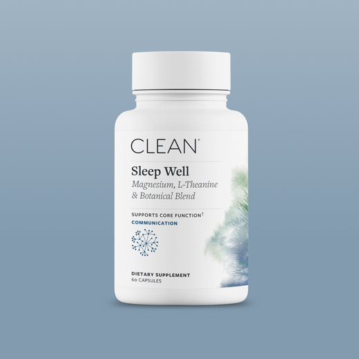 Supplement bottle labeled 'Sleep Well' by CLEAN on a light blue background