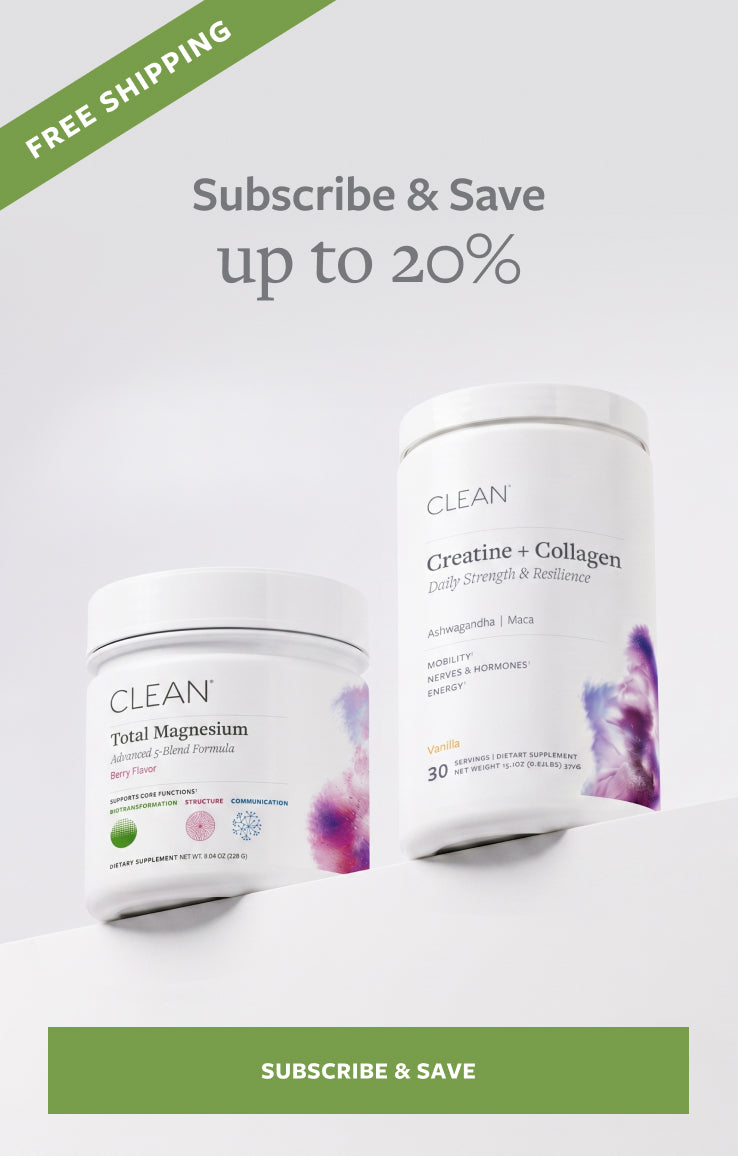 Two 'Clean' supplement containers on a white background with promotional text about subscribing and saving.