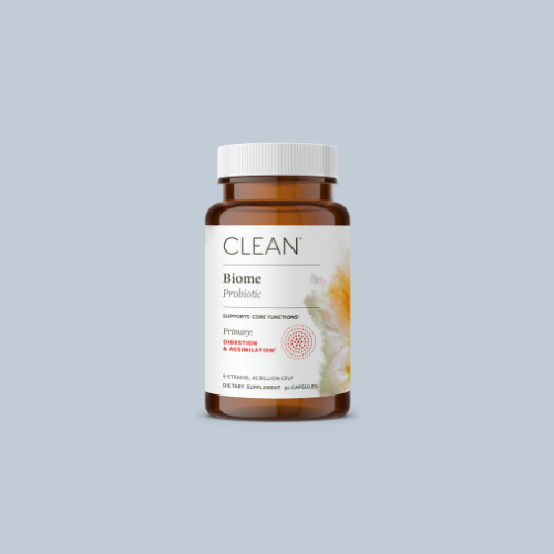 Clean Biome Daily Probiotic product image. Product card text: Supports Digestion, Immunity & Hormone Balance