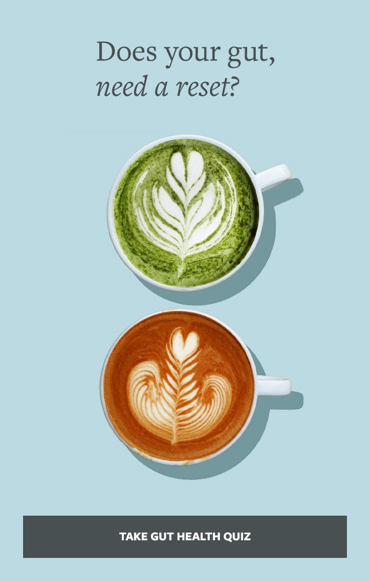 Two cups of coffee with latte art on a light blue background, featuring text about gut health.